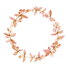 Round frame made of twigs of a plant - Hupericum, painted in red-brown tinted watercolor. Toned drawing of plants, isolated on white background, space for text. Simple floral wreath.