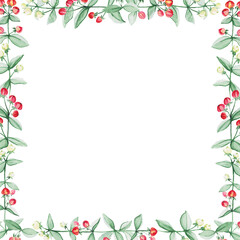 Fototapeta na wymiar Square background with sprigs of a plant - Hupericum, painted in watercolor. Branches of a plant in the form of a square frame isolated on a white background, space for text. Simple floral background.