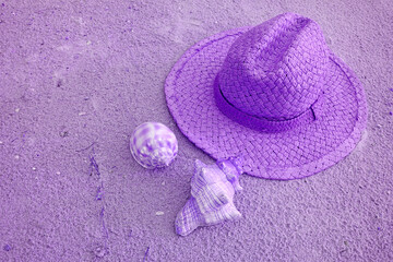 Fototapeta na wymiar Pop art surreal style straw hat on the sand beach with seashells in purple color tone