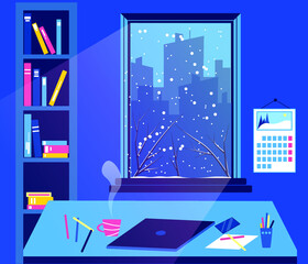 study from home. room of student colorful vector illustration. blue background