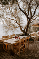 Elegant, modern and contemporary interior and exterior decor details of a chic hotel in Mykonos in Greece