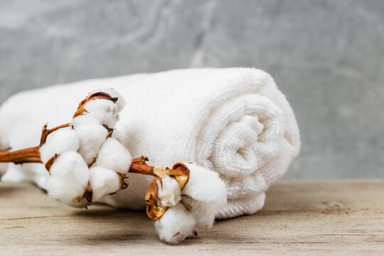White cotton towel and cotton plant flower branch