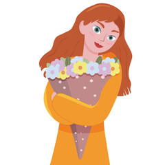 Vector Redhead woman hugging a bouquet of flowers in an orange dress.  Women's Day