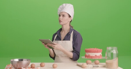 Chef girl finding information in internet. Green screen. 