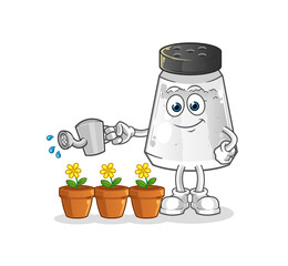 salt shaker watering the flowers mascot. cartoon vector