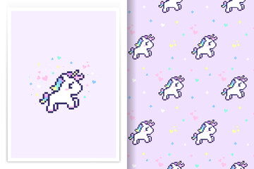 Seamless unicorn pattern with unicorn pixel art vector