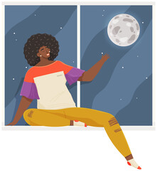 African American woman sitting near window and relaxing. Girl sitting on windowsill points to moon. Female character spends time at home, rests at night. Night sky, moon, view from window concept