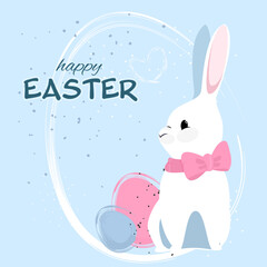 Easter bunny with eggs of different colors, blue background, vector graphics