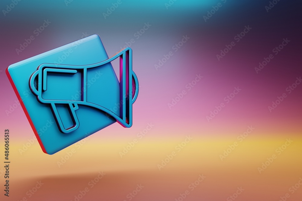 Poster Shout Megaphone icon. Beautiful Blue Shout Megaphone symbol icons on multicolor bright background. 3d rendering illustration. Background pattern for design.