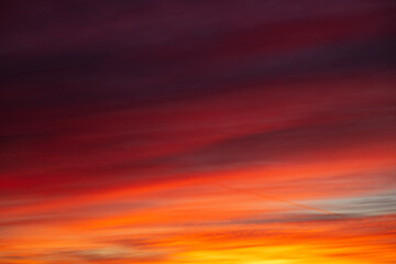 Sunset over the forest, red, yellow, purple cloud