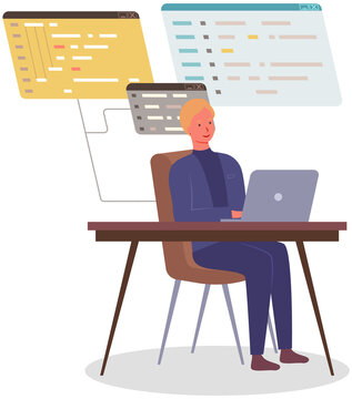 Programmer engineering and coding. Coder programmers working on web development on computer. Concept of script coding and programming in php, javascript, python, other languages. Software developers