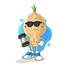 garlic head cartoon lifting dumbbell vector. cartoon character