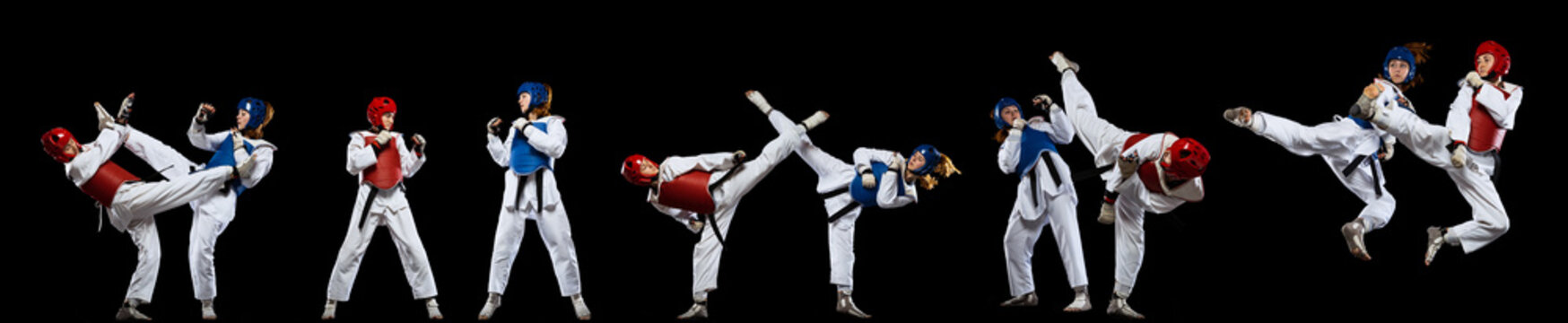 Flyer with two sportive girls, professional taekwondo athletes wearing doboks and helmets practicing isolated on black background. Collage