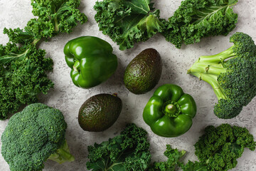 assorted green vegetables bell peppers, kale avocado, broccoli