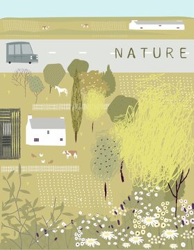 Nature. Cute vector illustration in light green tones with summer landscape, road, trees, animals, flowers for print, postcard, banner, poster