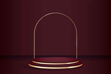 3d render abstract platforms with golden, dark red shapes and curtains. Geometric figures in modern minimal design. Realistic mock up for promotion, banners background, product show.