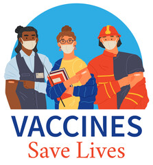 Stop coronavirus agitation concept. Vaccination promo, immunization of workers. Vaccine saves lives. People wearing protective mask showing their arm with bandage after receiving covid-19 vaccine