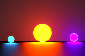 Glowing neon balls. Bright illuminated multicolored spheres. 3D illustration.