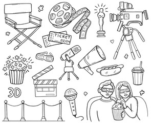 A large set of cinema items. couple in love at cinema, popcorn, movie camera, hot dog. Cinematography, tickets, loudspeaker. Handmade illustration. doodle