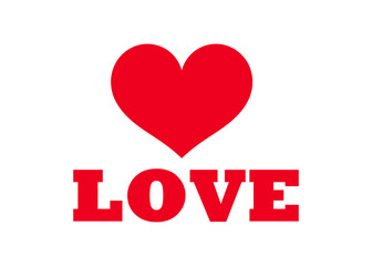 Red heart and love word isolated on white background.