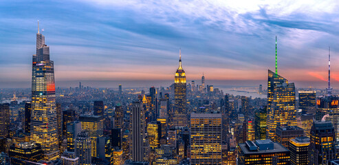 Manhattan skyline panorama at sunset