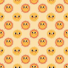 Vector seamless pattern with cute abstract sun and stars. Retro background with fun space and sky characters. Can be used for textile, wrapping paper, wallpaper for kids nursery and other design