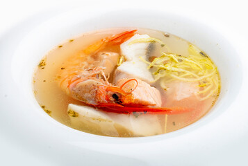 Fish soup with salmon, perch and king prawns.