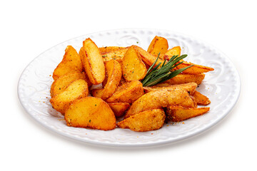 Sliced fried potatoes, Creole-style with spices. On a white plate.