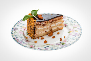 Cake with caramel nuts and chocolate frosting.