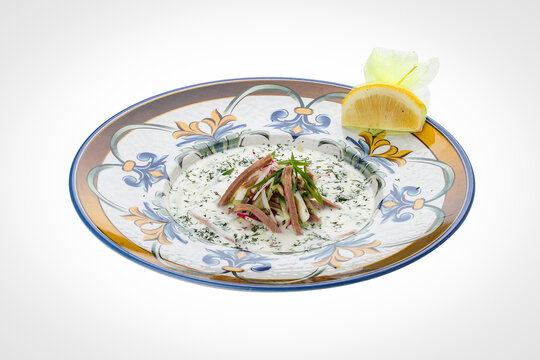 Cold okroshka soup with kefir. Freshness Russian dish