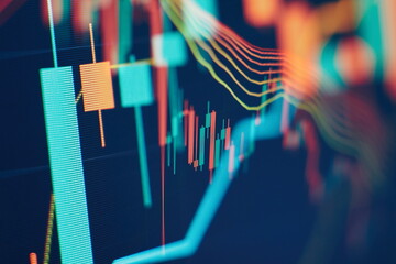 Concept of stock market and fintech. Blurry digital charts over dark blue background.