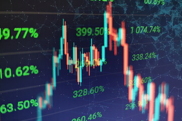 Concept of stock market and fintech. Blurry digital charts over dark blue background.