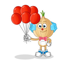 garlic head cartoon clown with balloons vector. cartoon character