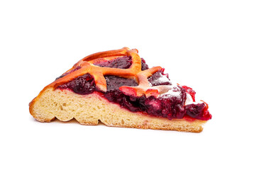 Piece of cherry yeast pie isolated on white background