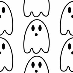 Seamless pattern doodle festive black ghosts with an angry or screaming, surprised face on a white background, Halloween. Suitable for advertising, holiday decoration, packaging, textile.