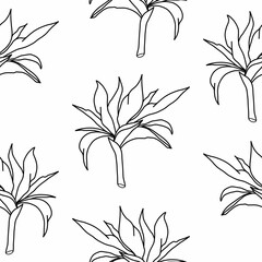 Seamless pattern line art tropical flowers and plants in black on a white background. Strelitzia doodle black. Suitable for wallpaper, textile, design.