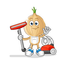garlic head cartoon clean with a vacuum . character vector