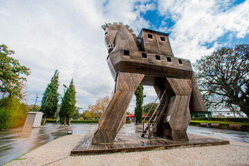 Trojan horse statue. Tourist attraction. A huge wooden horse