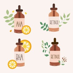 Collection of skincare glass bottles in flat style with different plants and citrus. Tendy facial acids: AHA, BHA and retinol. Cosmetic packaging elements for blog post, templates, social media.