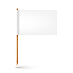 Realistic wooden toothpick with white paper flag. Location mark, map pointer. Blank mockup for advertising and promotions. Vector illustration
