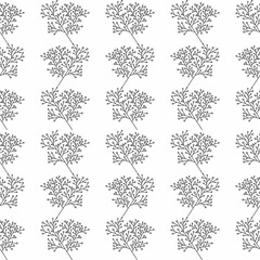 Seamless pattern sprigs of plants graphic line art with black berries on a white background. Doodle branches, suitable for wallpaper, textile, packaging.