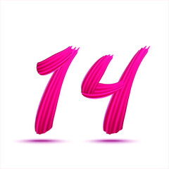 Numbers 14 of realistic red paint brush strokes. Numbers isolated on a white background.  Number 14 written smears by dark pink paint. Vector illustration EPS 10. Numbers for Valentine's day.