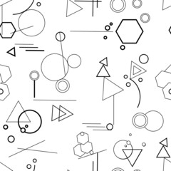 Geometric seamless pattern of simple shapes. Vector abstract texture on a white background from rectangles, circles and lines.