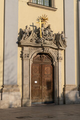 Entrance door on Inner-City Mother Church of Our Lady of the Assumption in Budapest, Hungary