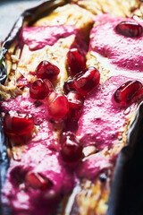 Macro of Roasted eggplant vegetarian food.