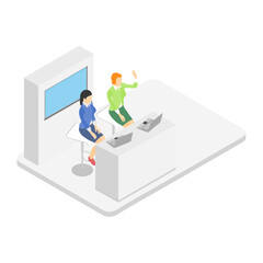 Reception area with two girls sitting on chairs behind laptops. Flat style. Isometric view. 3D. Vector illustration