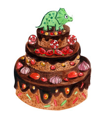 large chocolate cake with candies and a dinosaur, watercolor sketch