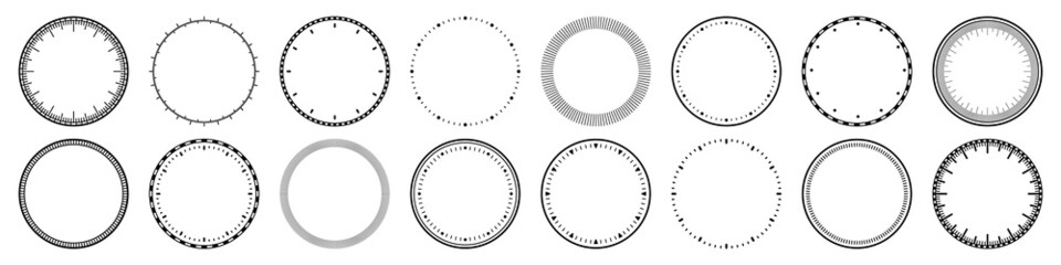 Mechanical clock faces, bezel. Watch dial with minute and hour marks. Timer or stopwatch element. Blank measuring circle scale with divisions. Vector illustration.
