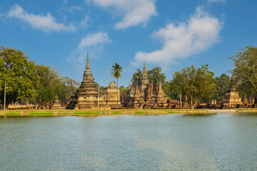 Naklejka premium Sukhothai historical park, Wat Sa Si ruins. One of most beautiful and worth seen place in Thailand. Popular travel destination while visiting southeast Asia.