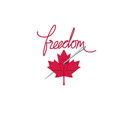 Freedom convoy, Canadian red leaf, Embroidered patch, maple leaf, flag of Canada. Design for posters, t shirt, stickers, banners, logo, emblem, badge